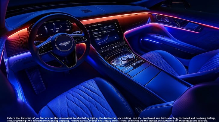 Sleek car interior with blue ambient lighting
